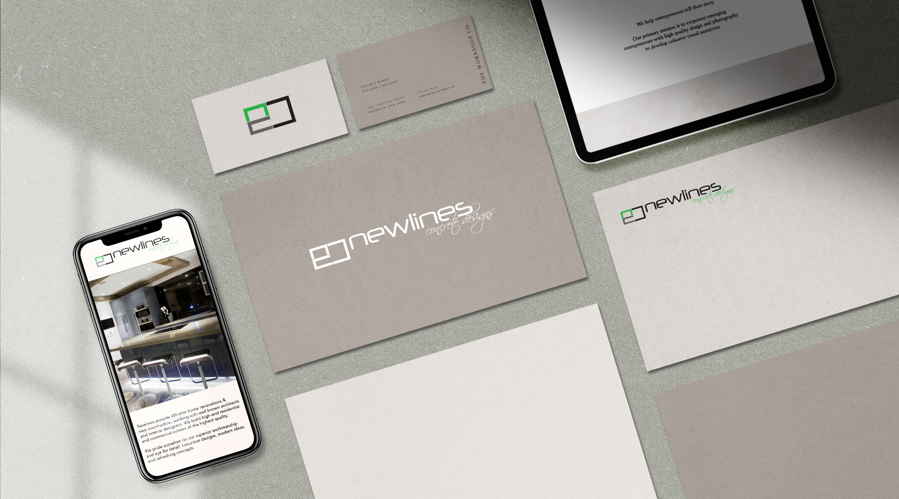 Salt Web Design logo design for Newlines Concrete Designs & Construction Whistler branding