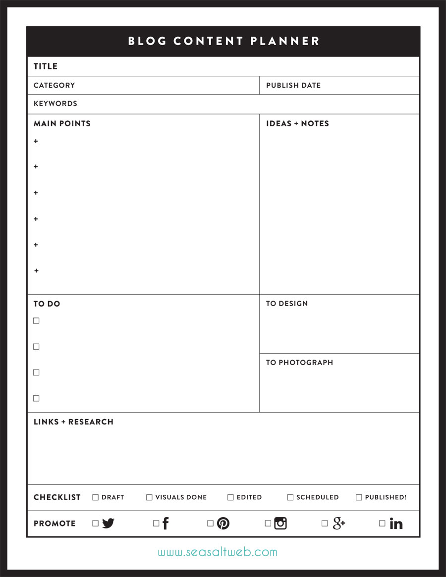 Free Blog content planner printable from Sea Salt Web Development