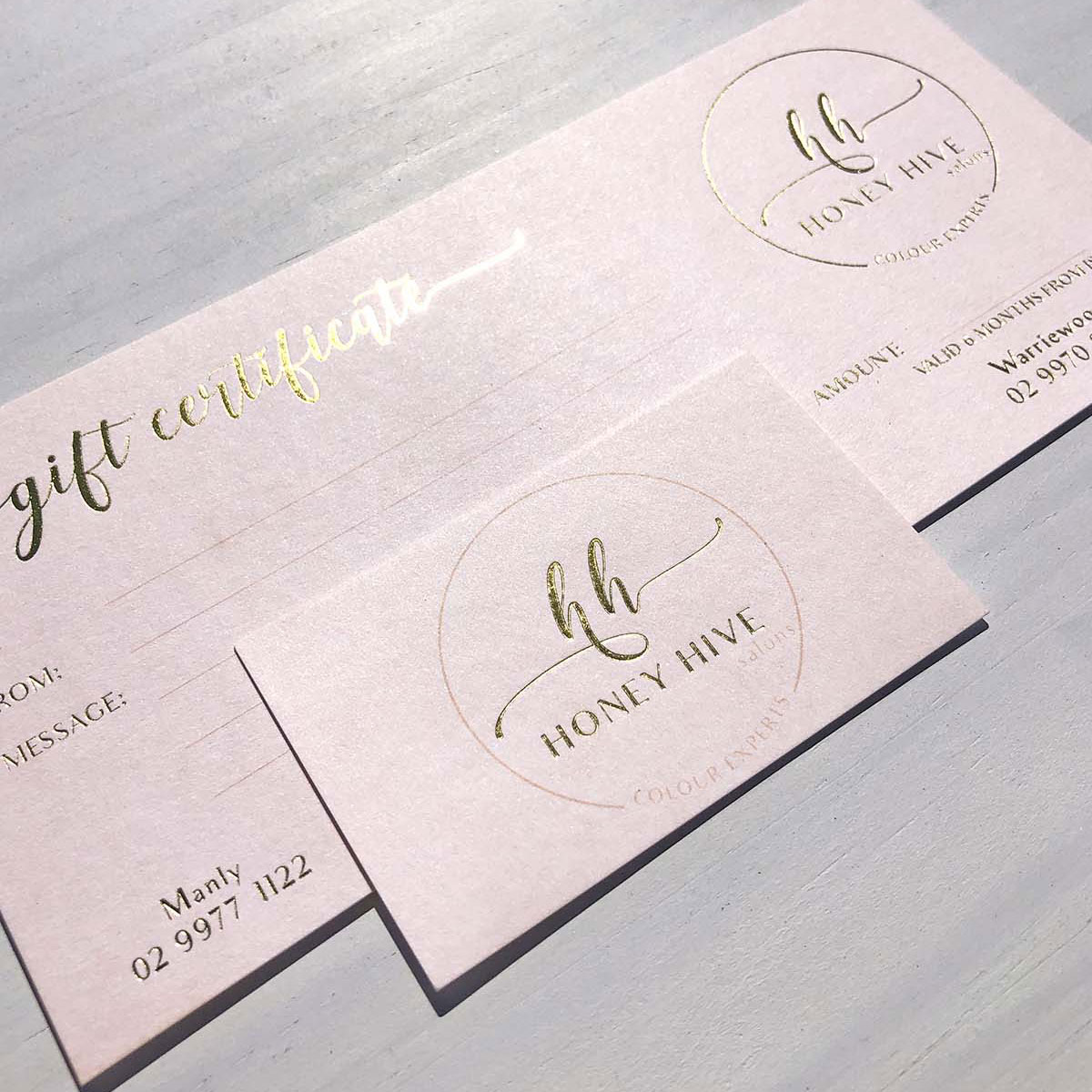 Sea Salt Web Design Agency Sydney marketing logo design Honey Hive Hair salons gold foil cards